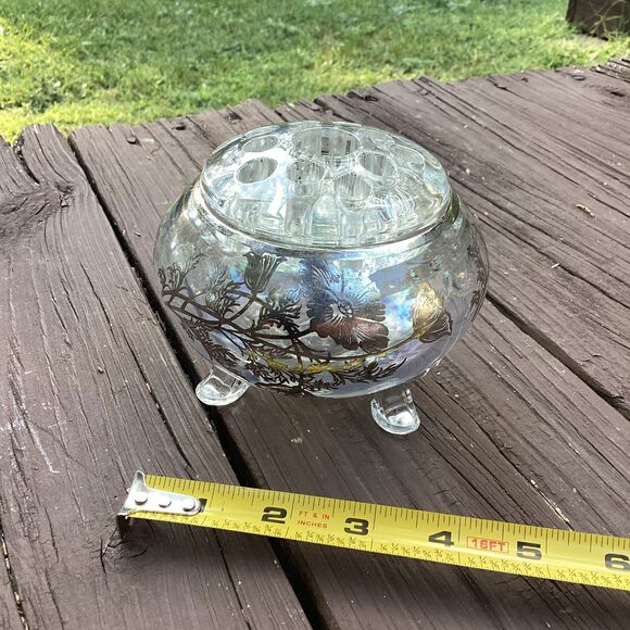 Vintage Iridescent Glass Flower Frog Vase Bowl Silver Overlay Floral Design - Picture 5 of 5